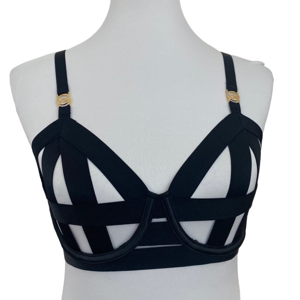 Victoria's Secret VERY SEXY Unlined Strappy Demi Bra Black Bandage Open Cage 34C